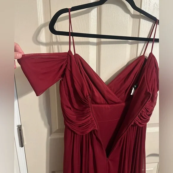 ALFRED SUNG D743 Ruched V-Neck Cold Shoulder Maxi Dress w Slit, Burgundy, Sz 2 - Picture 9 of 15